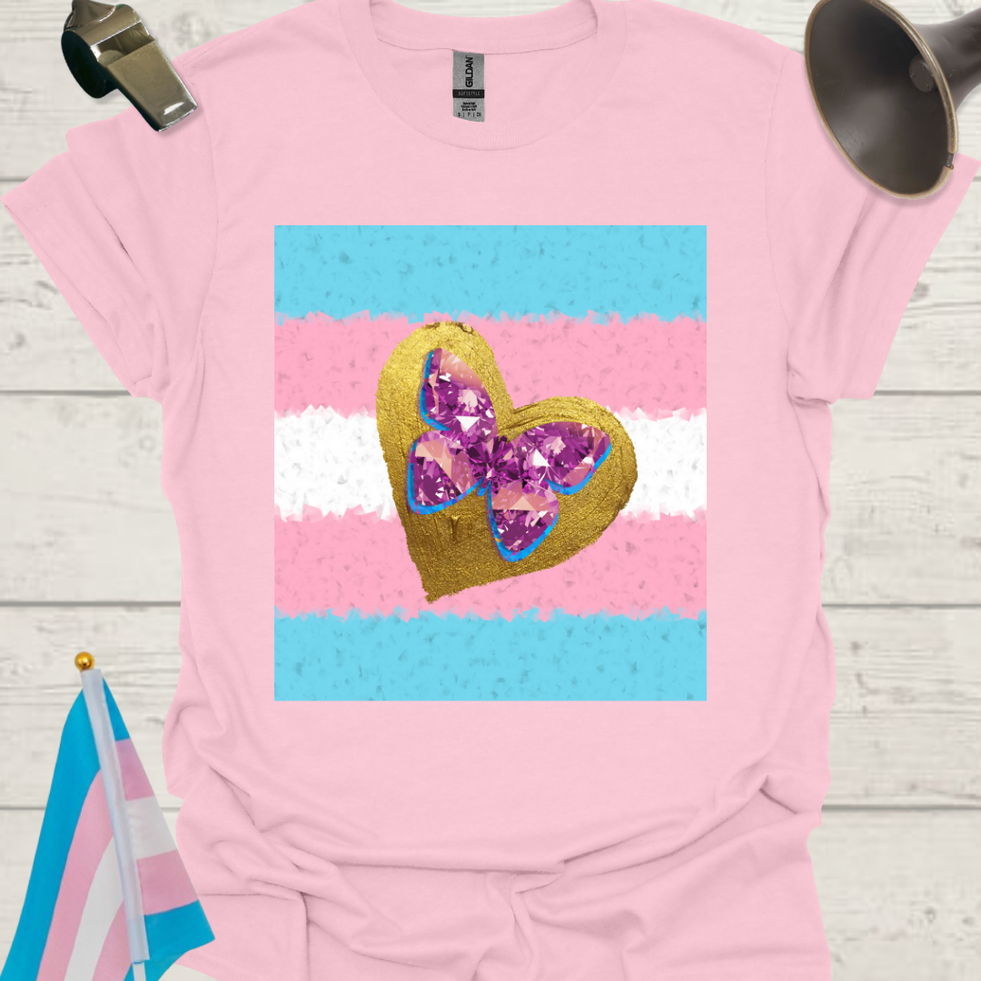 Transgender Pride T-Shirt, Cubism Golden Heart Gem Butterfly Unisex Softstyle