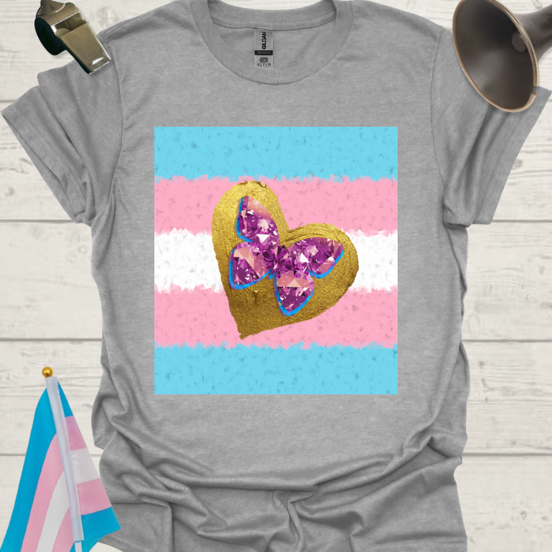 Transgender Pride T-Shirt, Cubism Golden Heart Gem Butterfly Unisex Softstyle