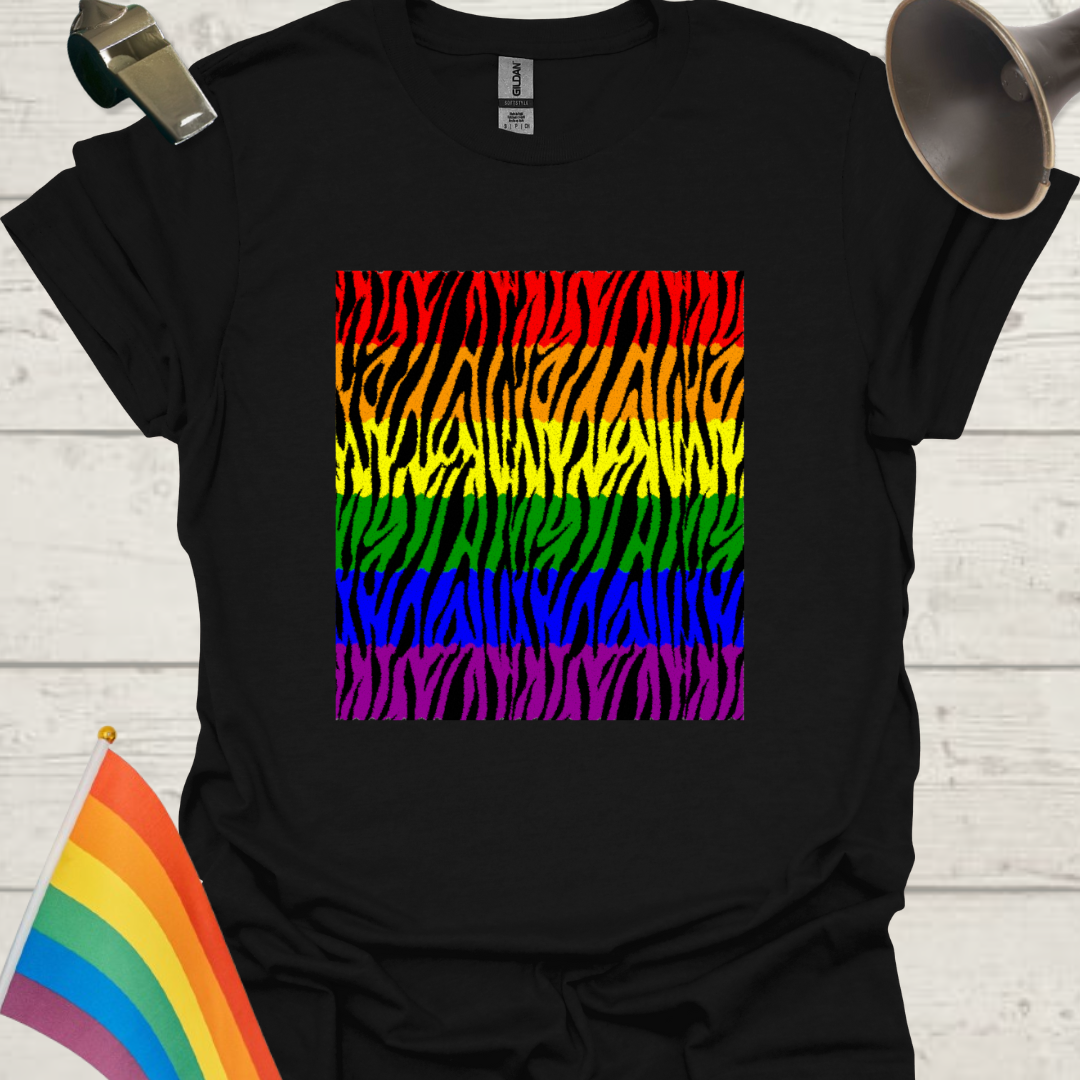 Unisex Pride T-Shirt - LGBT Pride Flag Ripples, Black Tiger Pattern Design