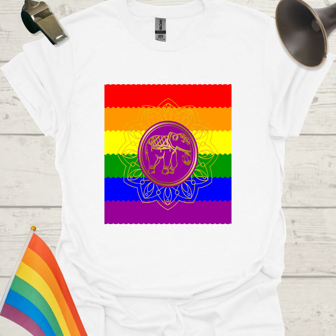 Unisex Pride T-Shirt - LGBT Pride Flag Ripples, Purple Golden Mandala Elephant Pattern Design