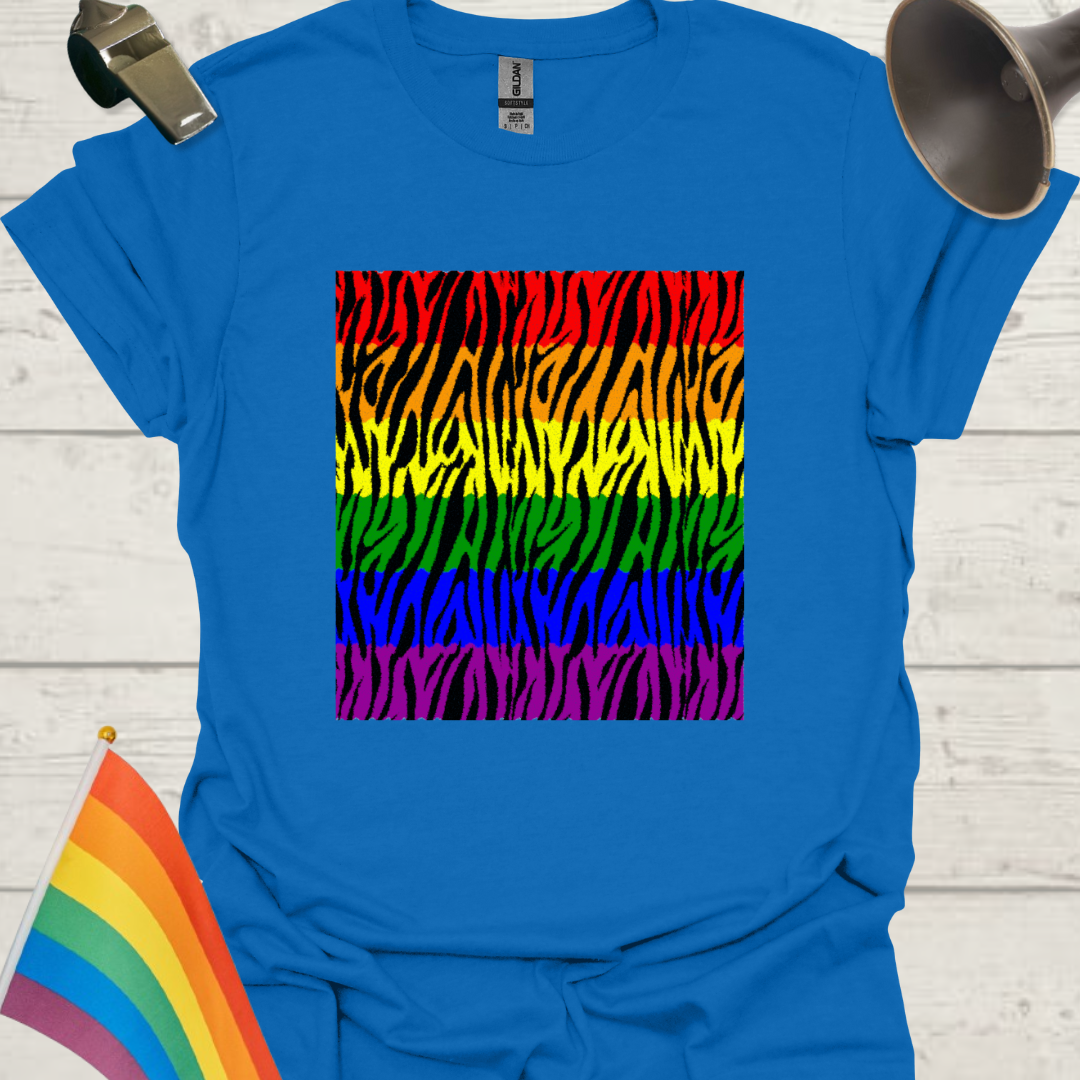 Unisex Pride T-Shirt - LGBT Pride Flag Ripples, Black Tiger Pattern Design