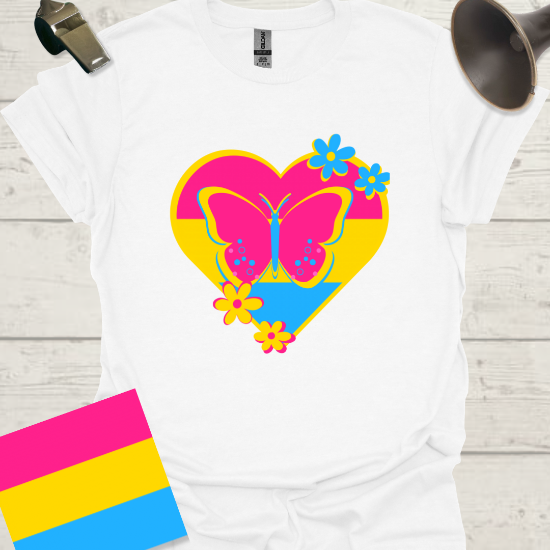 Pansexual Heart Butterfly and Flowers T-Shirt