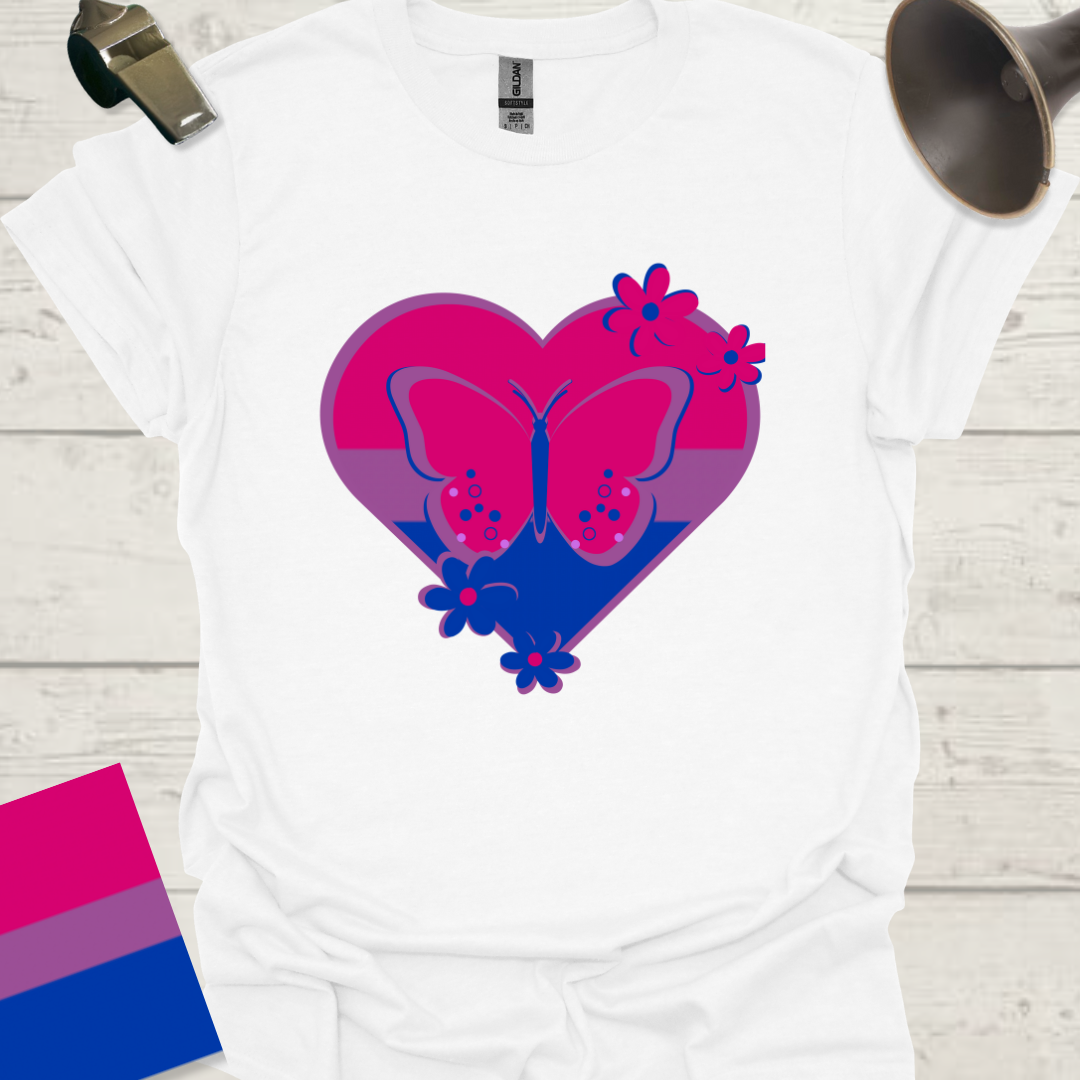 Bisexual Flag Heart Butterfly Flowers T-Shirt