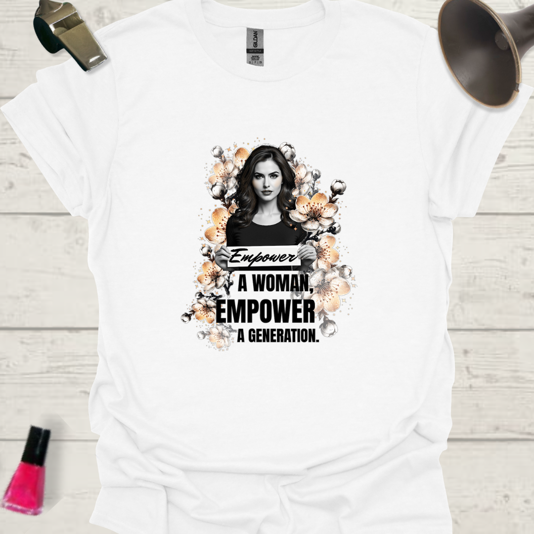 Feminist T-Shirt Woman, flowers holding a slogan. Empower a woman, empower a generation Design