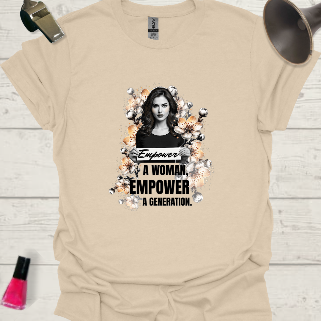 Feminist T-Shirt Woman, flowers holding a slogan. Empower a woman, empower a generation Design