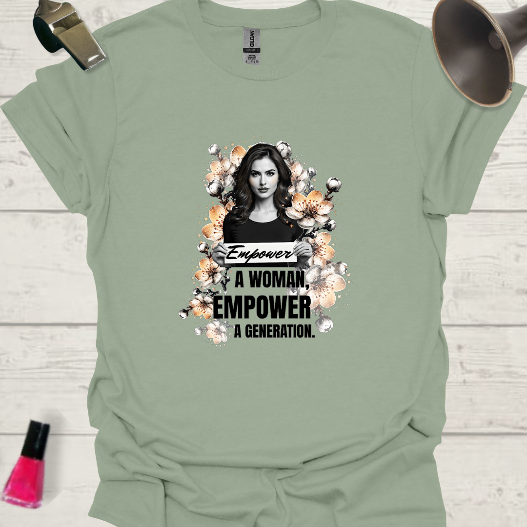 Feminist T-Shirt Woman, flowers holding a slogan. Empower a woman, empower a generation Design