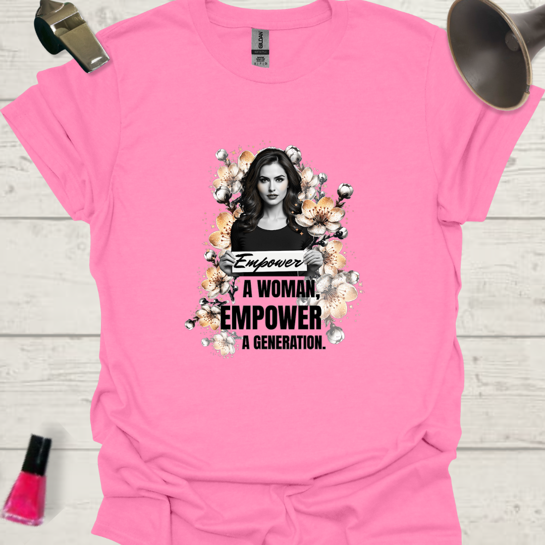 Feminist T-Shirt Woman, flowers holding a slogan. Empower a woman, empower a generation Design