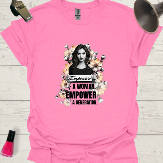 Feminist T-Shirt Woman, flowers holding a slogan. Empower a woman, empower a generation Design