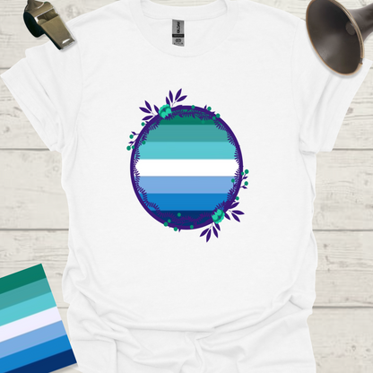 Gay Man Pride Rainbow Stripes in a Sphere, Blue Flowers T-Shirt