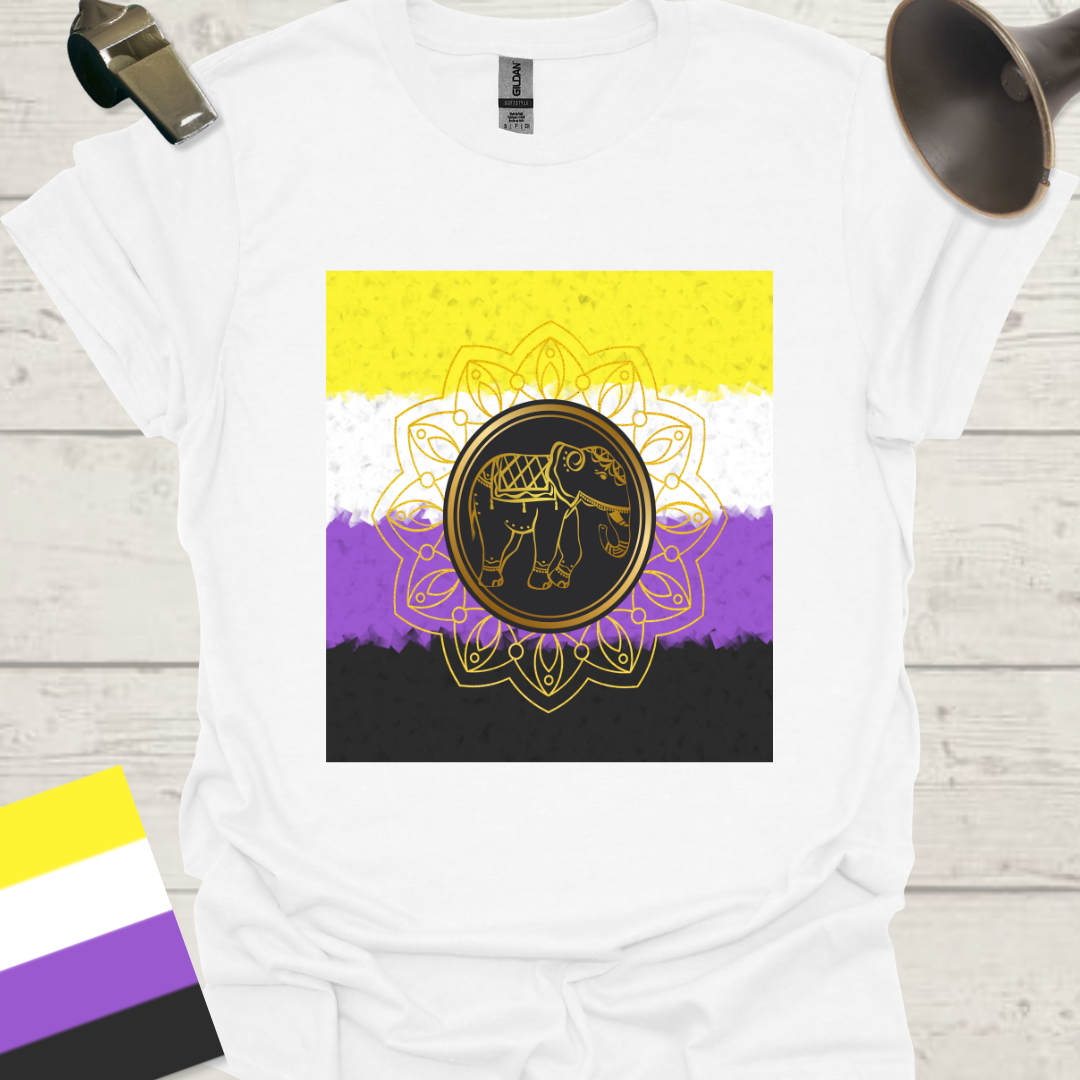 Unisex T-Shirt Golden Elephant, Mandala Flower Non-Binary Cubism Flag Design