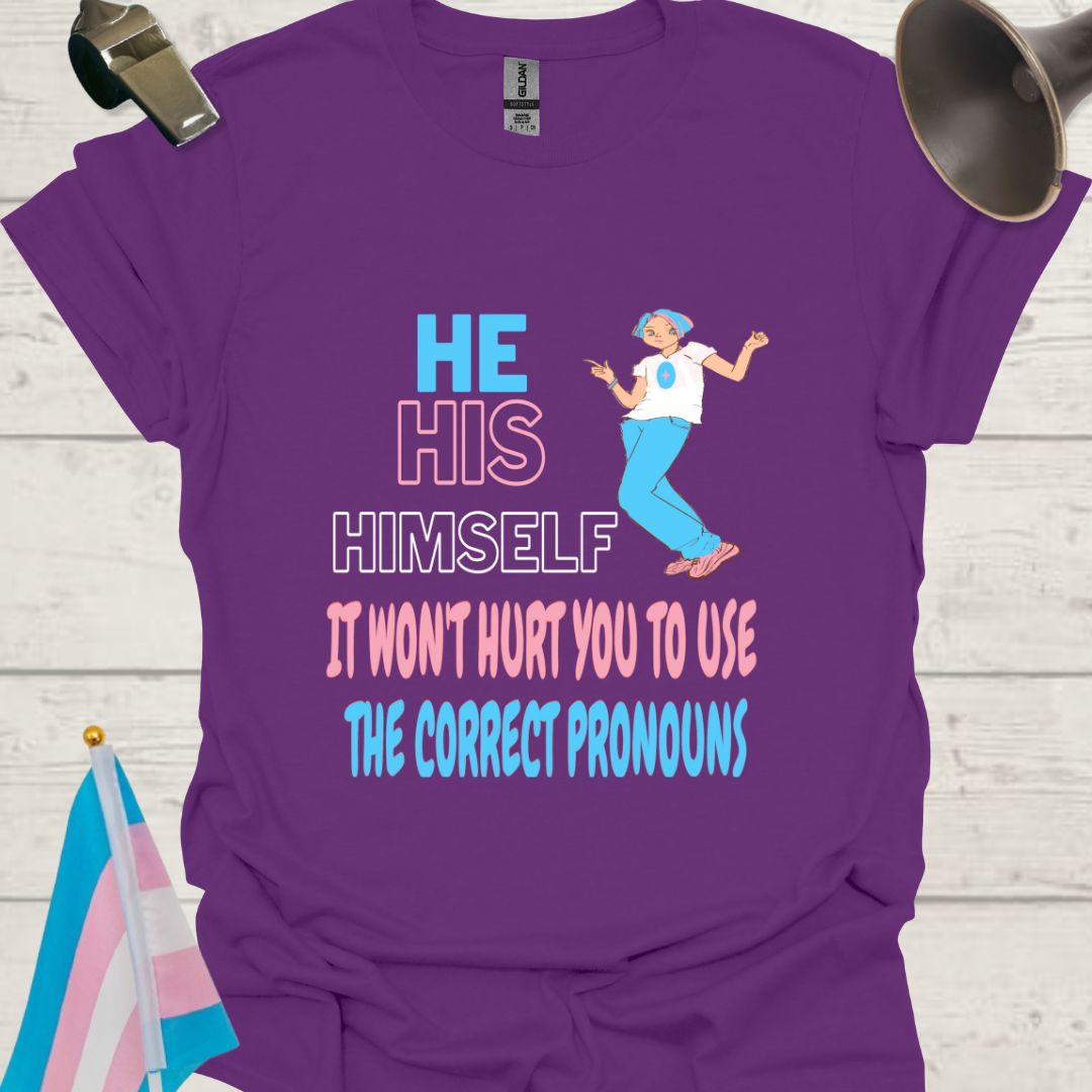 Unisex LGBT He His Himself, It Won't Hurt You to Use the Correct Pronouns, Anime Boy, Transgender flag colors T-Shirt