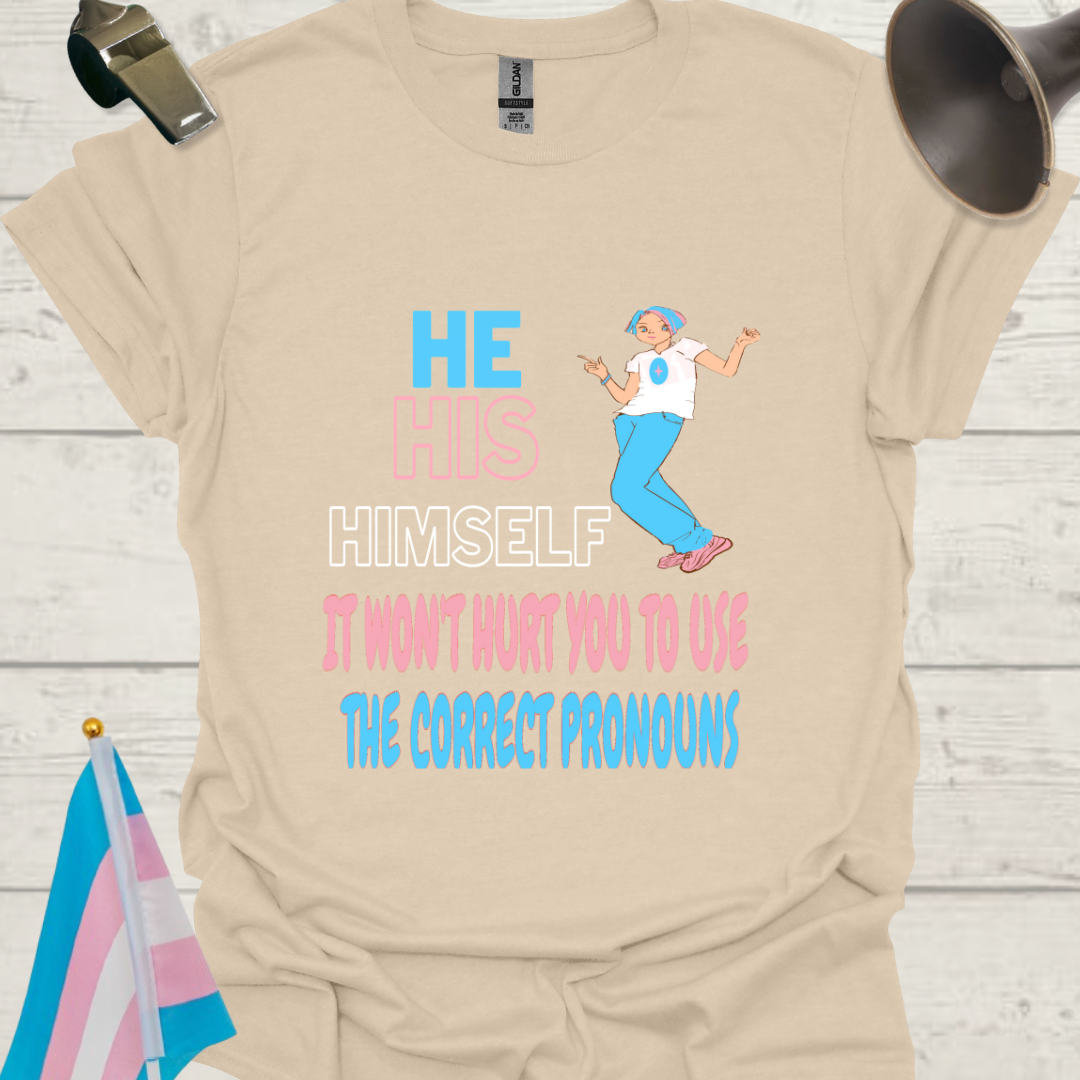 Unisex LGBT He His Himself, It Won't Hurt You to Use the Correct Pronouns, Anime Boy, Transgender flag colors T-Shirt