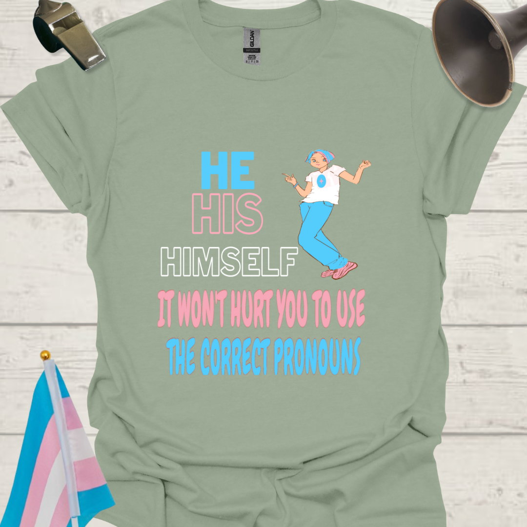 Unisex LGBT He His Himself, It Won't Hurt You to Use the Correct Pronouns, Anime Boy, Transgender flag colors T-Shirt