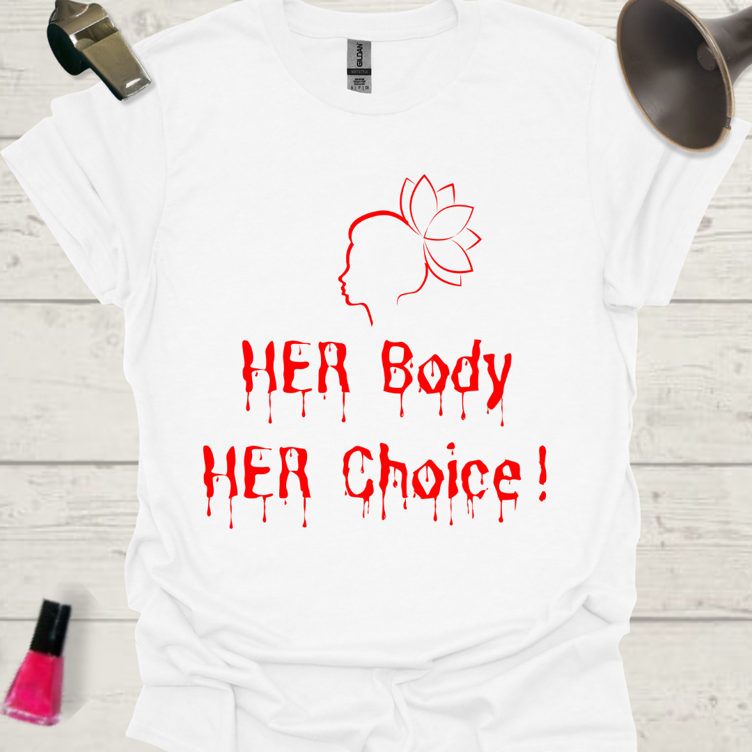 Feminist T-Shirt Her Body Her Choice – written with her blood, Red Woman with a lotus