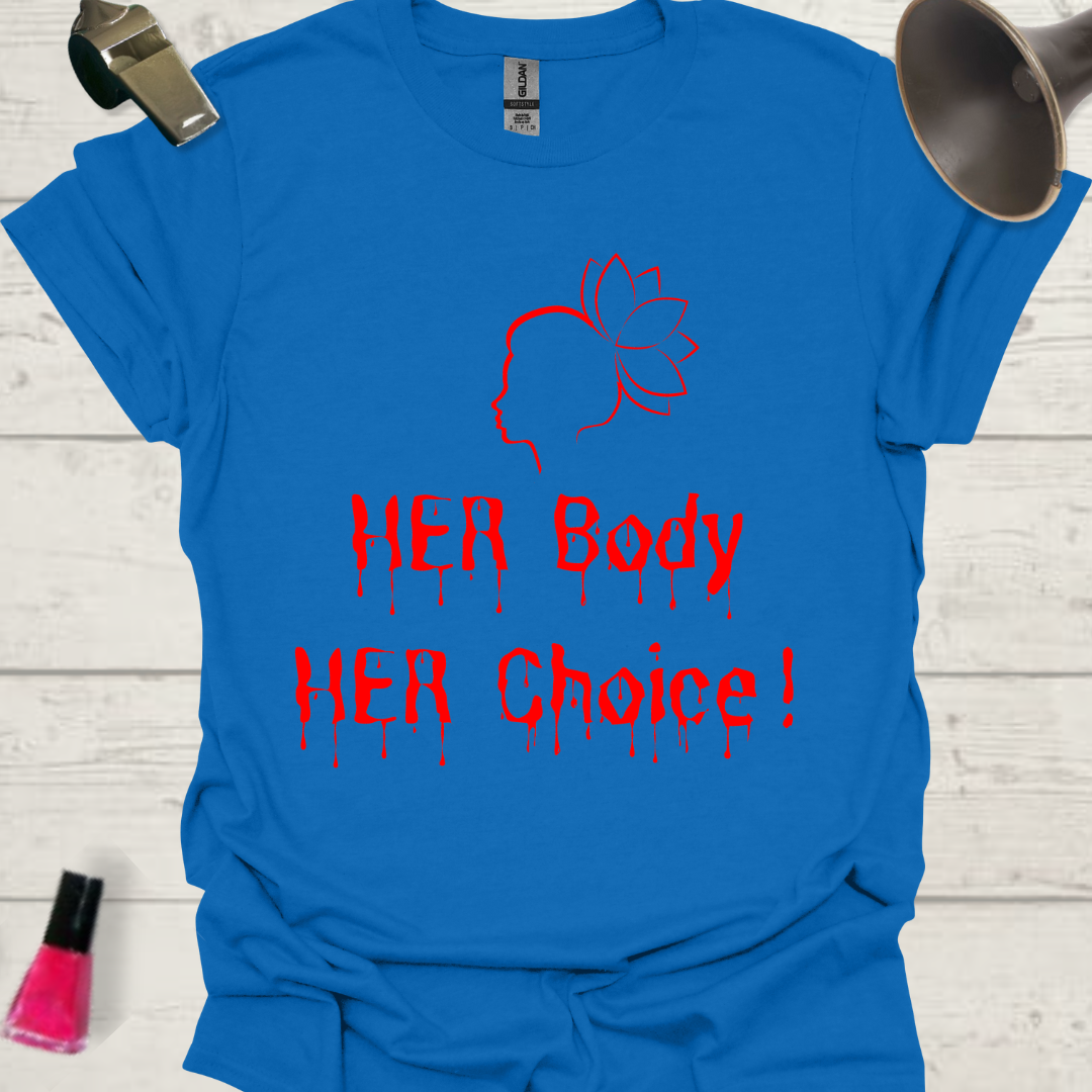 Feminist T-Shirt Her Body Her Choice – written with her blood, Red Woman with a lotus