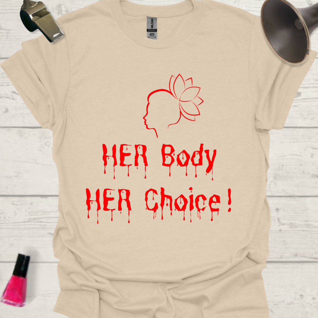 Feminist T-Shirt Her Body Her Choice – written with her blood, Red Woman with a lotus