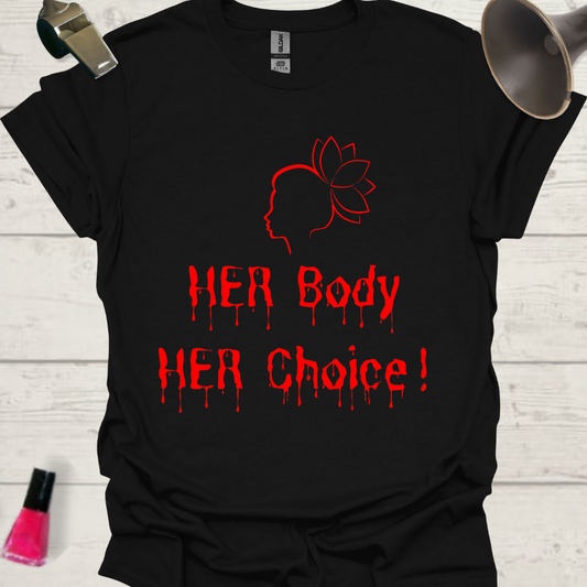 Feminist T-Shirt Her Body Her Choice – written with her blood, Red Woman with a lotus