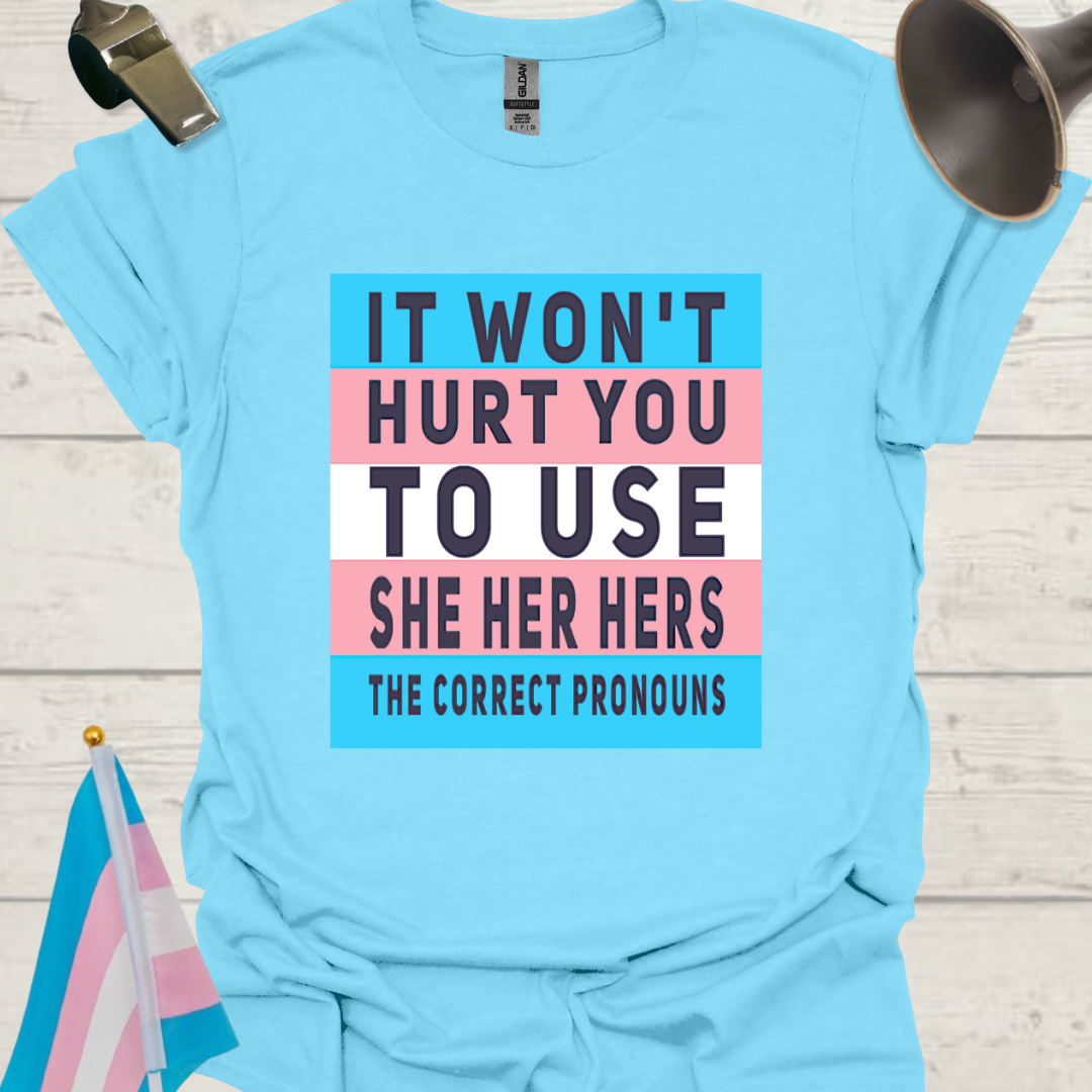 Unisex LGBT She Her Hers, It Won't Hurt You to Use the Correct Pronouns, Transgender flag T-Shirt