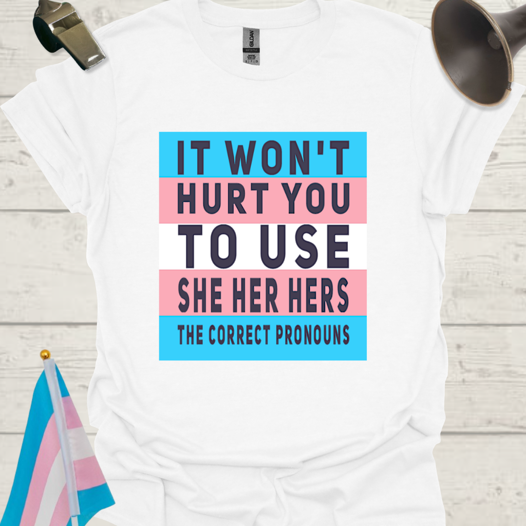 Unisex LGBT She Her Hers, It Won't Hurt You to Use the Correct Pronouns, Transgender flag T-Shirt