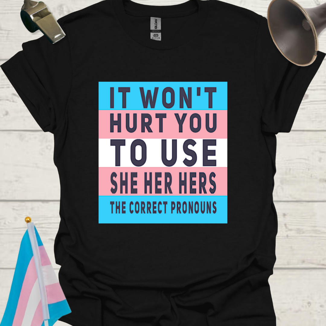 Unisex LGBT She Her Hers, It Won't Hurt You to Use the Correct Pronouns, Transgender flag T-Shirt