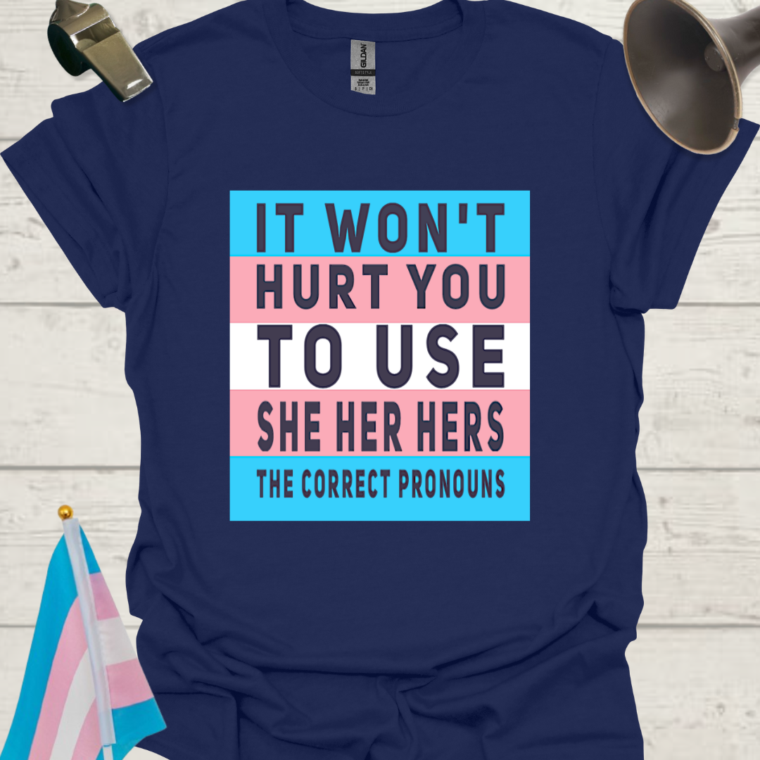 Unisex LGBT She Her Hers, It Won't Hurt You to Use the Correct Pronouns, Transgender flag T-Shirt