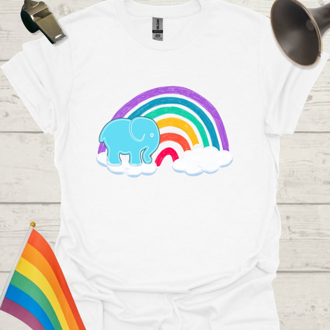 Unisex Pride T-Shirt - LGBT Pride Blue Elephant on a Rainbow with clouds Design