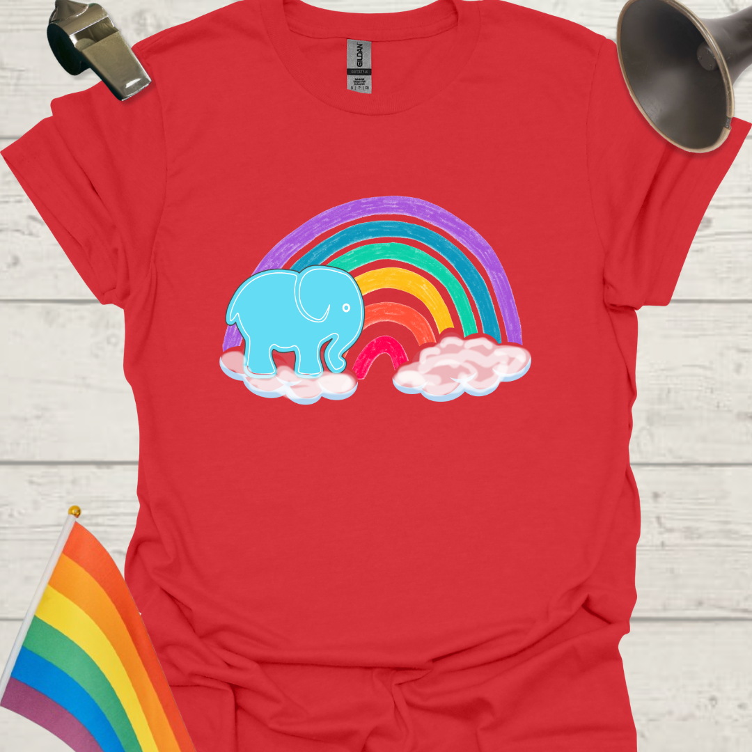 Unisex Pride T-Shirt - LGBT Pride Blue Elephant on a Rainbow with clouds Design