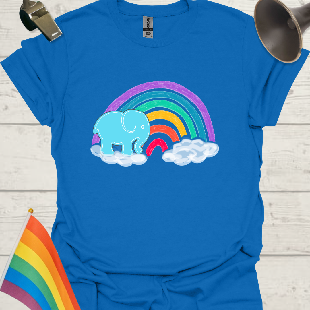 Unisex Pride T-Shirt - LGBT Pride Blue Elephant on a Rainbow with clouds Design