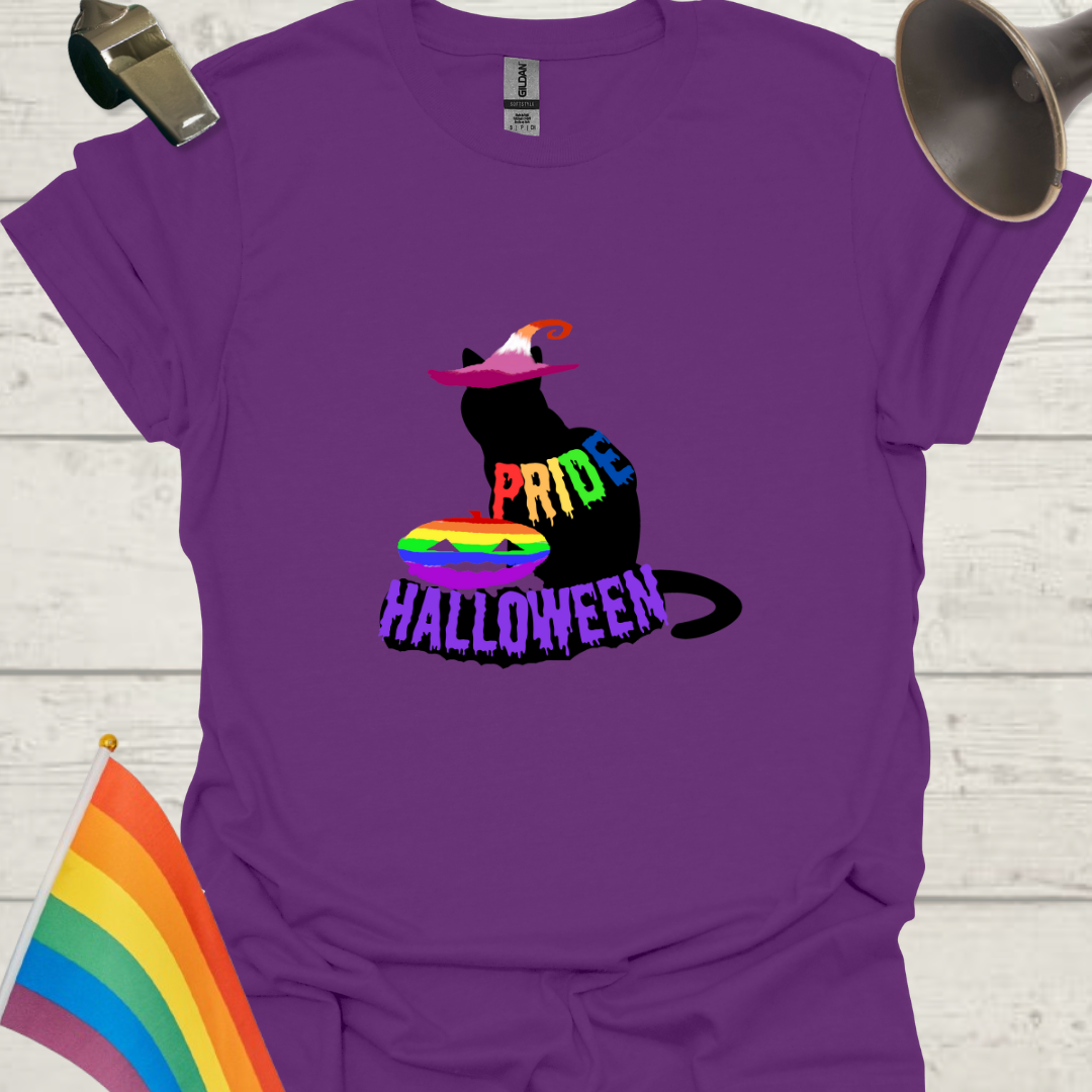 Unisex T-Shirt LGBT Pride Halloween Black Cat with Lesbian Witch Hat