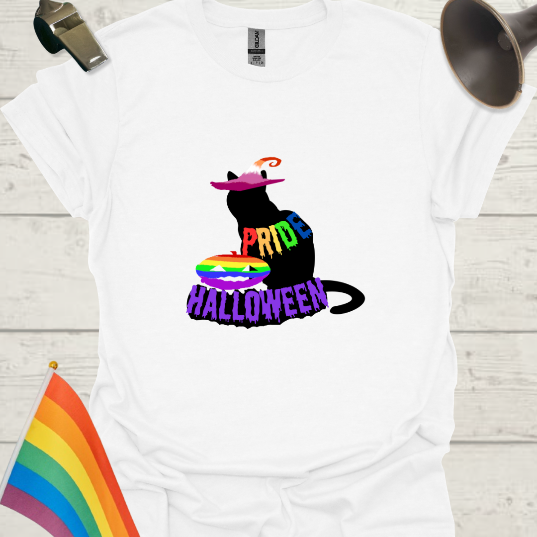 Unisex T-Shirt LGBT Pride Halloween Black Cat with Lesbian Witch Hat