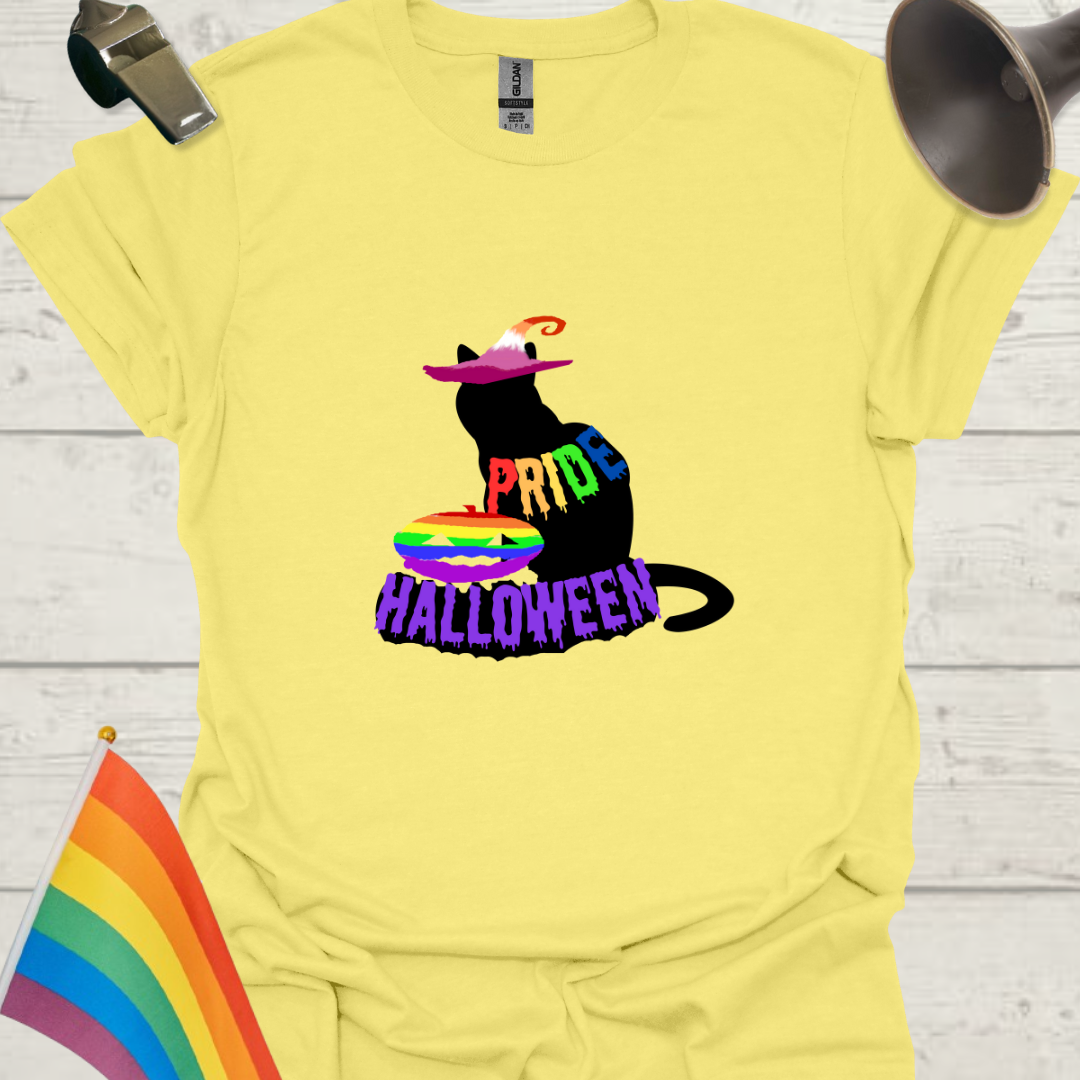 Unisex T-Shirt LGBT Pride Halloween Black Cat with Lesbian Witch Hat