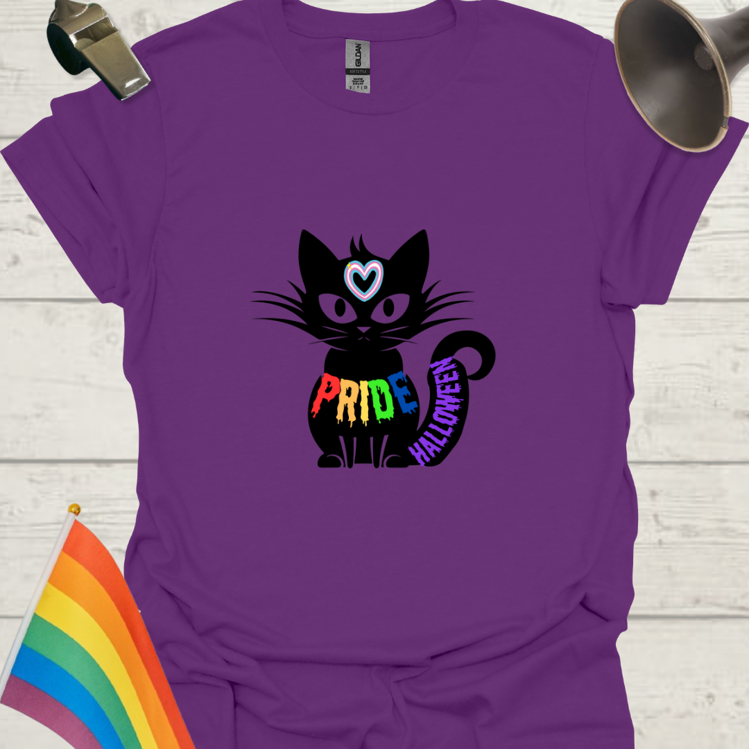 Unisex T-Shirt LGBT Pride Halloween Black Cat with Transgender Heart