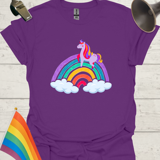 Unisex Pride T-Shirt - LGBT Pride Unicorn on a Rainbow with Clouds Design