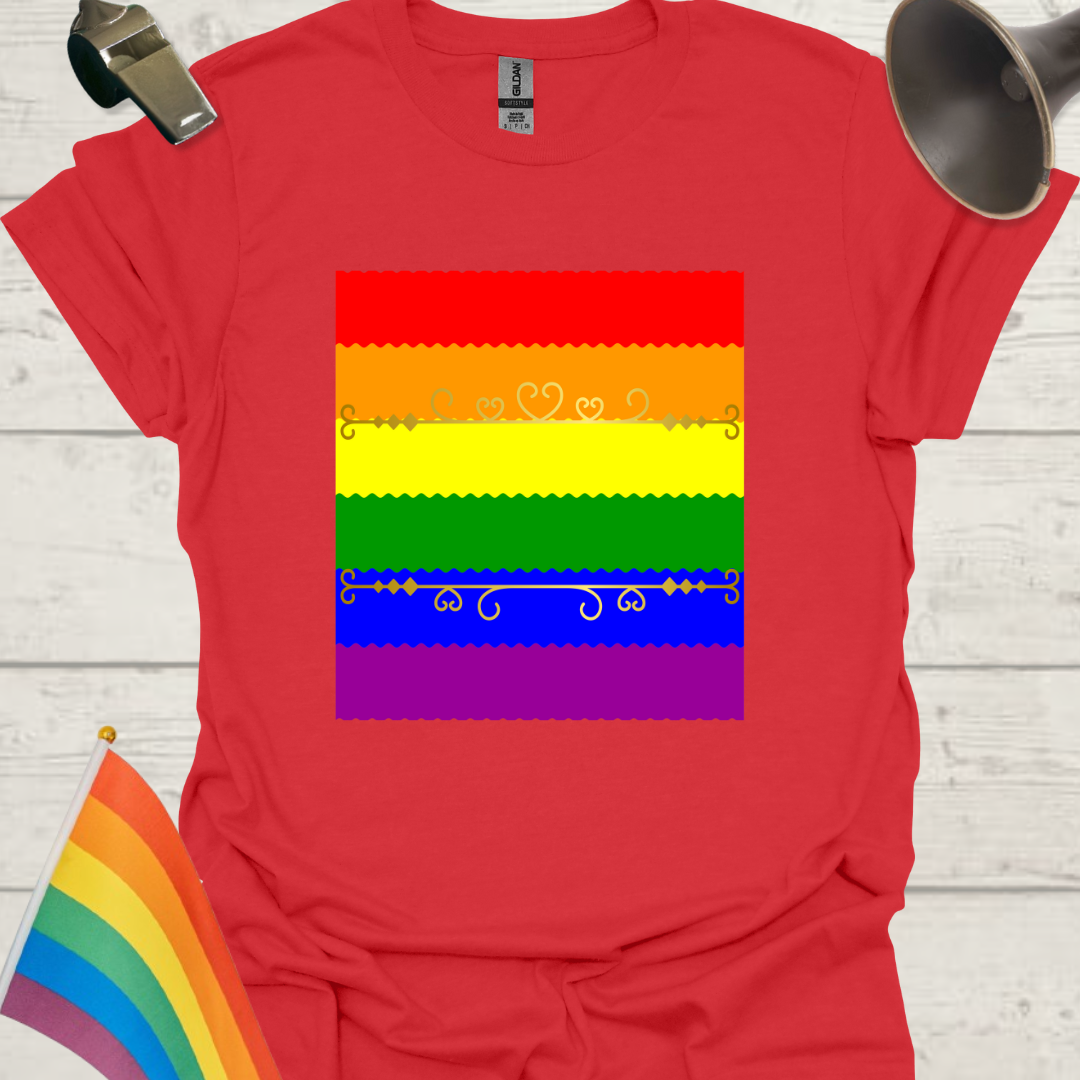 Unisex Pride T-Shirt - LGBT Pride Flag Ripples, Golden Ornaments Design