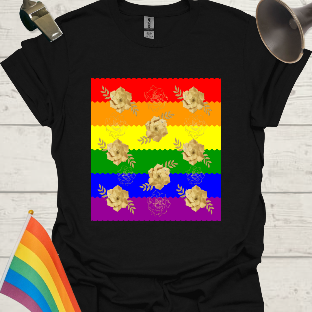 Unisex Pride T-Shirt - LGBT Pride Flag Ripples, Golden Roses Pattern Design