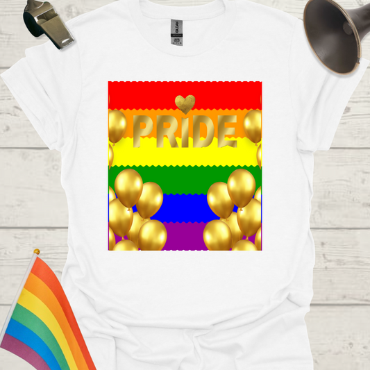 White t-shirt with rainbow design and 'PRIDE' text on a wooden surface.