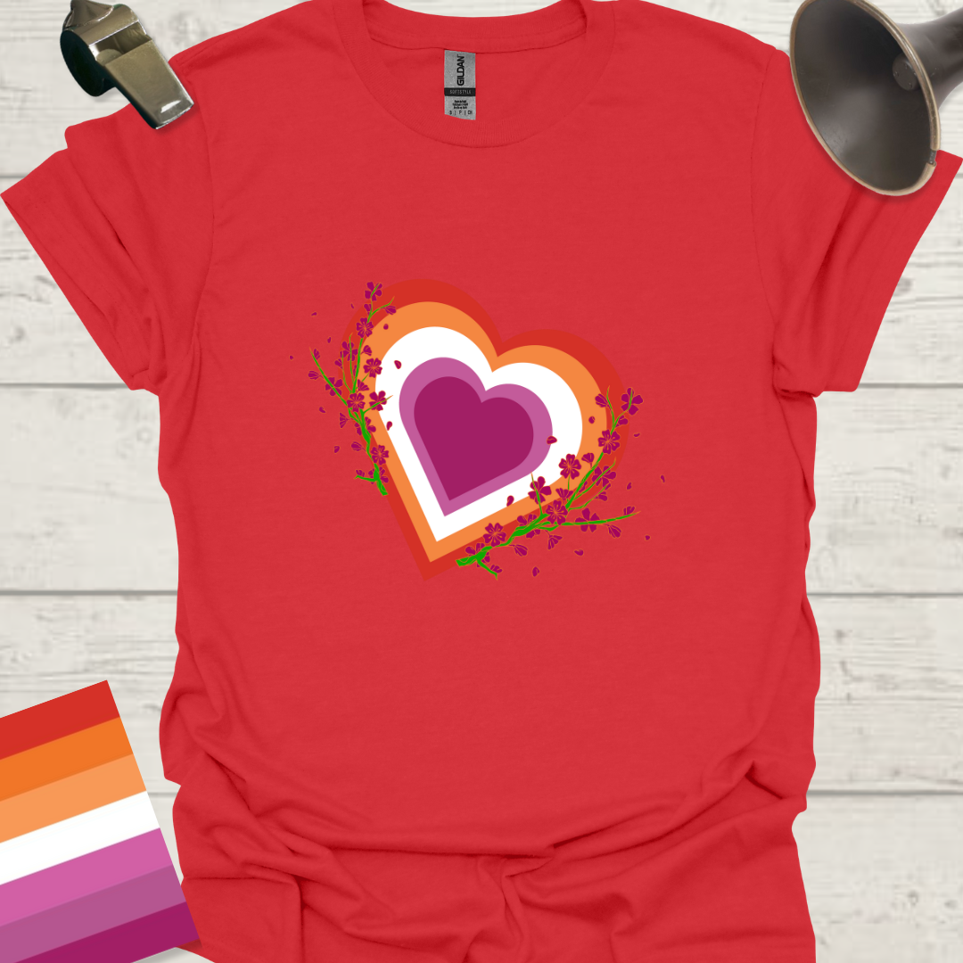 Lesbian Pride Flag Colors Heart Purple Flowers T-Shirt