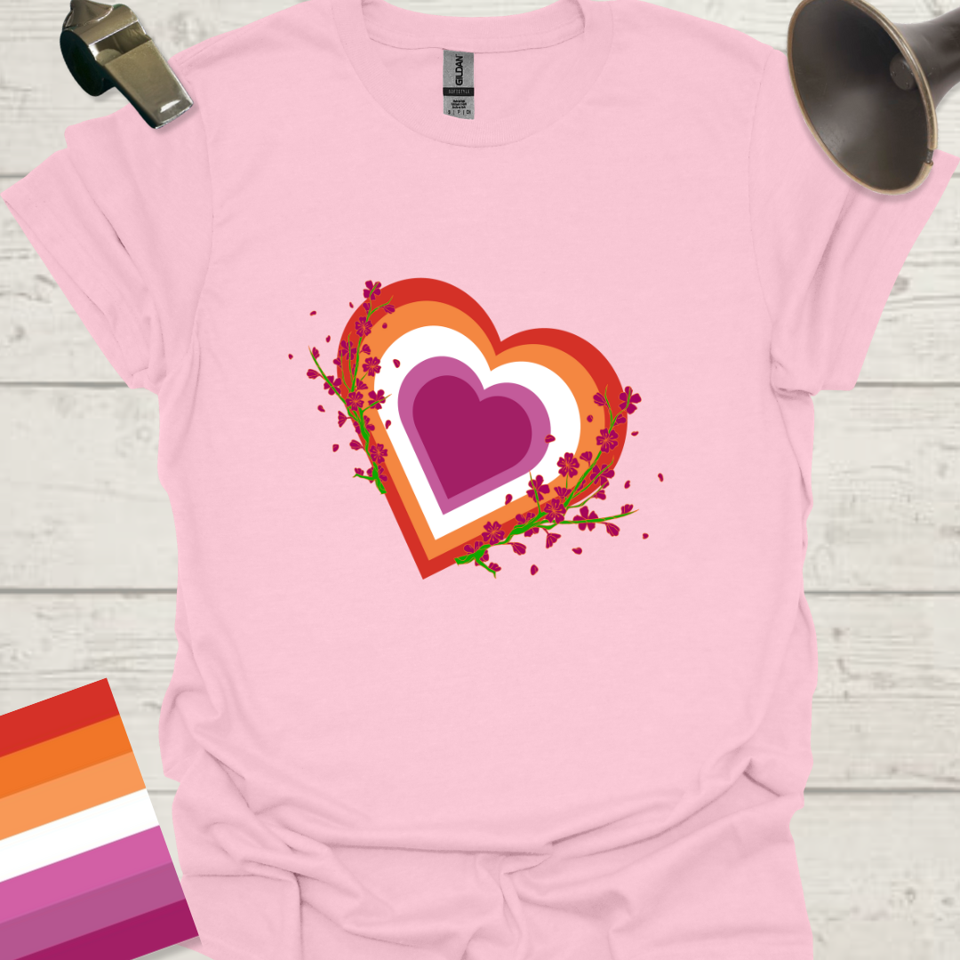 Lesbian Pride Flag Colors Heart Purple Flowers T-Shirt