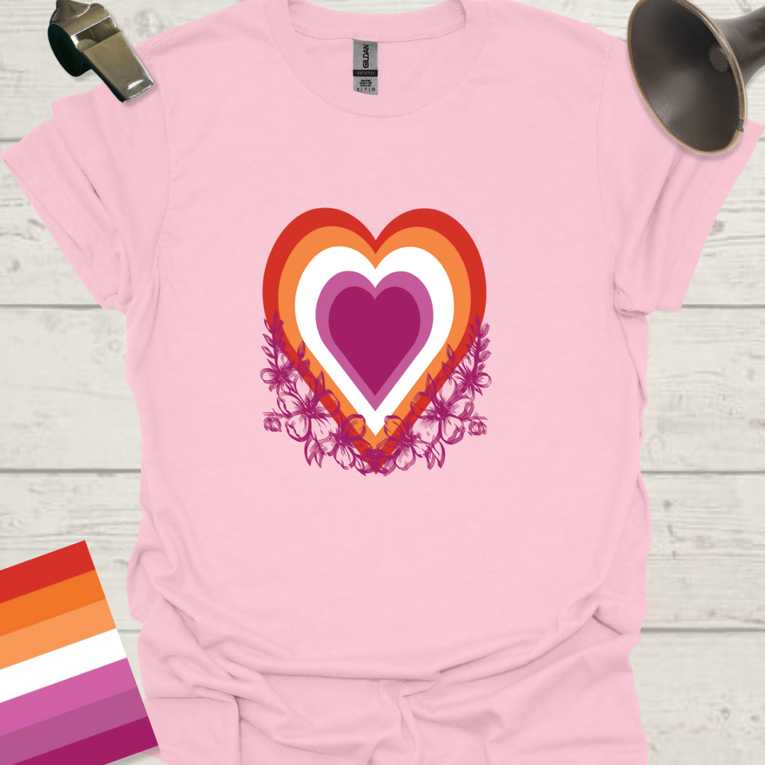 Lesbian Pride Flag Colors Heart Flowers T-Shirt