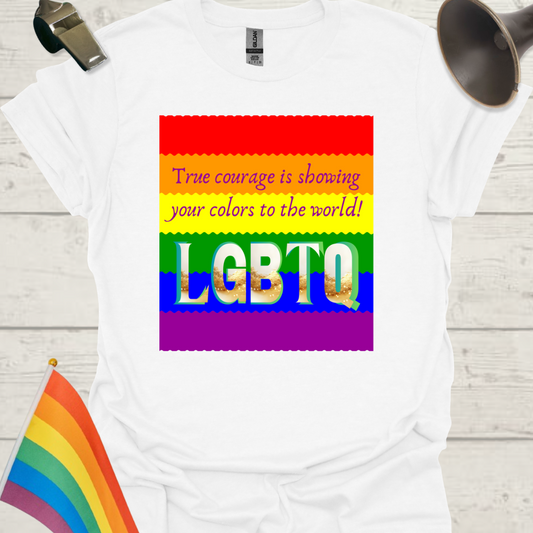 White t-shirt with rainbow flag design and text on a wooden surface