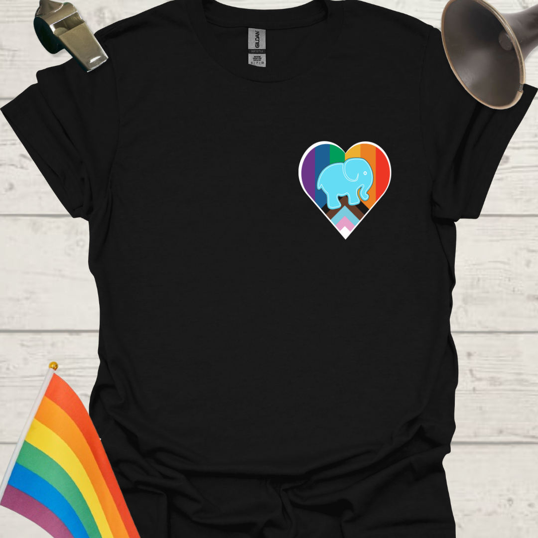 LGBTQ Pride Blue Elephant, Progress Flag Colors Heart T-Shirt