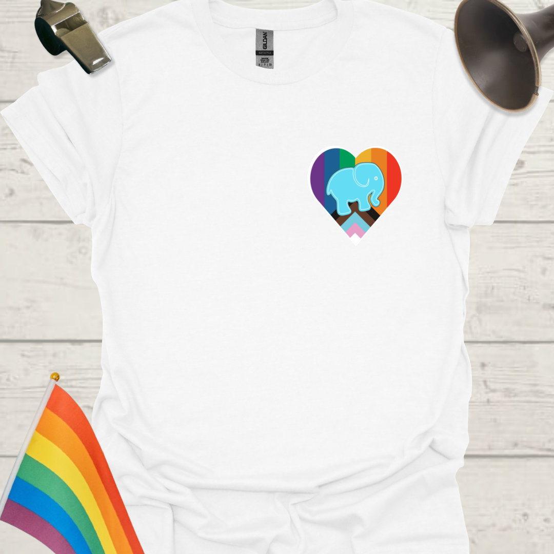 LGBTQ Pride Blue Elephant, Progress Flag Colors Heart T-Shirt