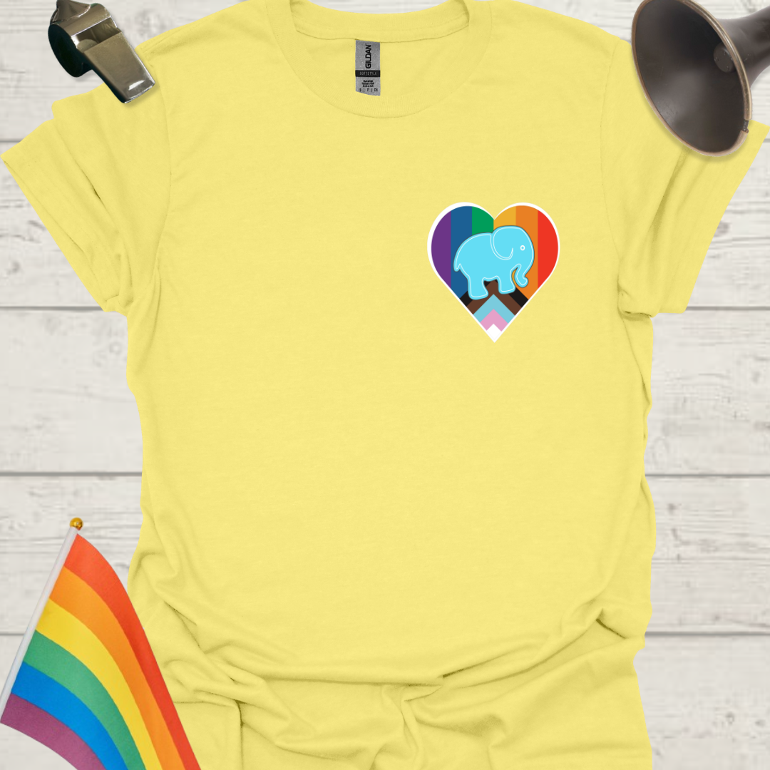 LGBTQ Pride Blue Elephant, Progress Flag Colors Heart T-Shirt