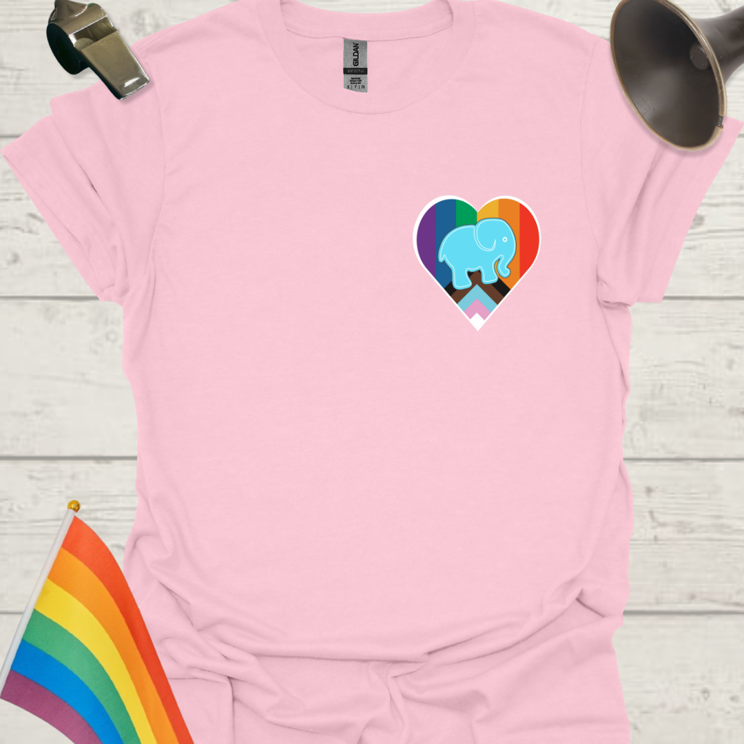 LGBTQ Pride Blue Elephant, Progress Flag Colors Heart T-Shirt
