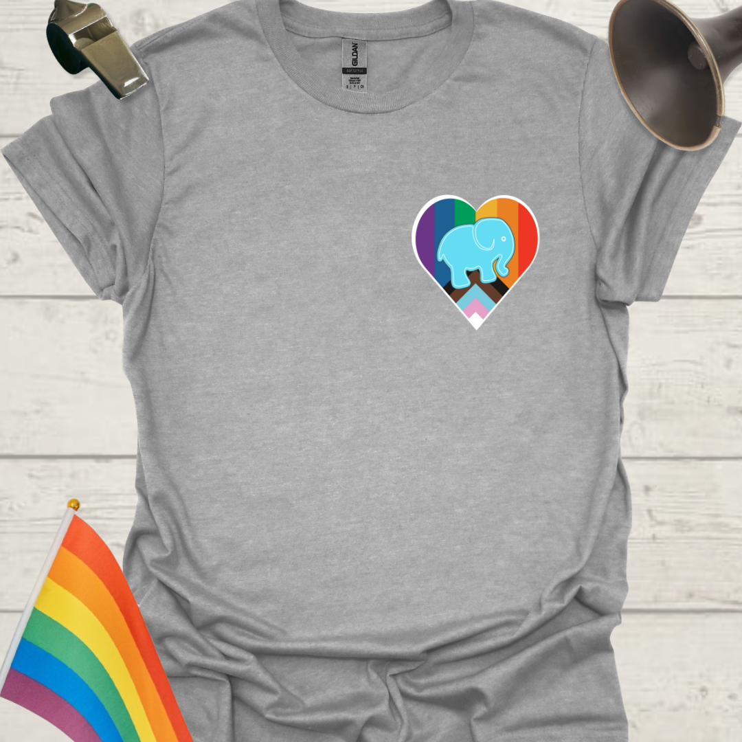 LGBTQ Pride Blue Elephant, Progress Flag Colors Heart T-Shirt