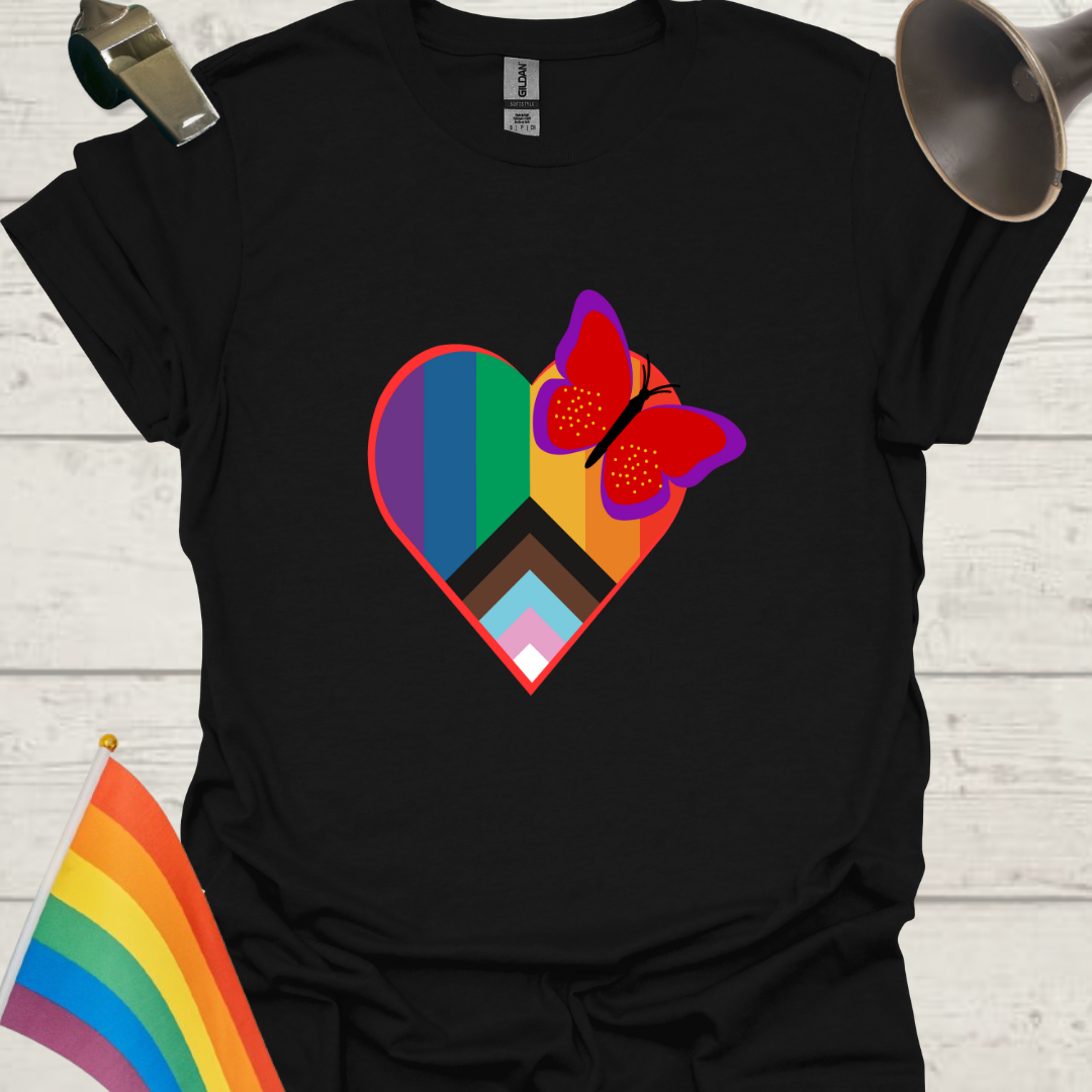 LGBTQ Pride Butterfly Progress Flag Colors Heart T-Shirt
