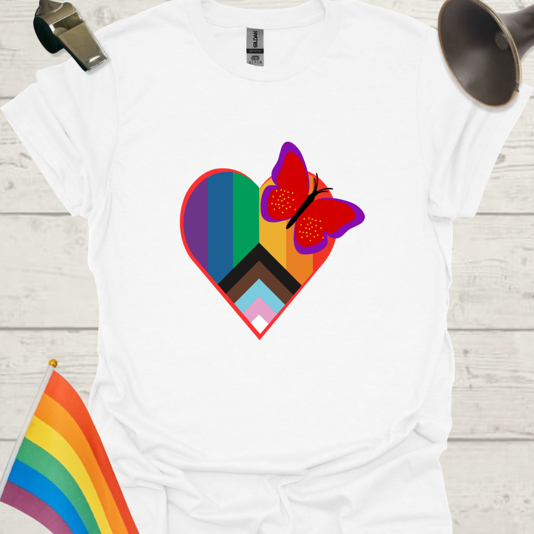 LGBTQ Pride Butterfly Progress Flag Colors Heart T-Shirt
