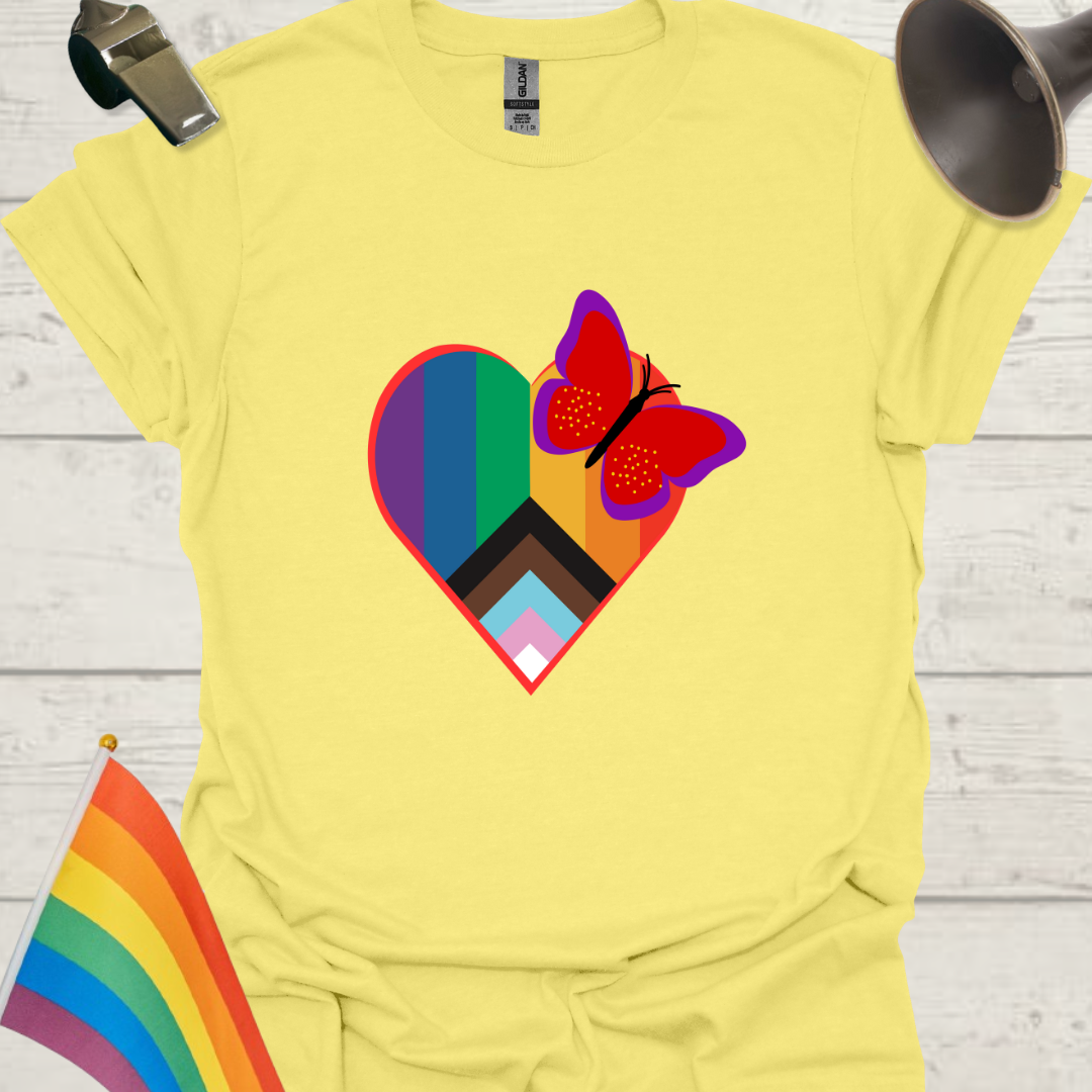 LGBTQ Pride Butterfly Progress Flag Colors Heart T-Shirt