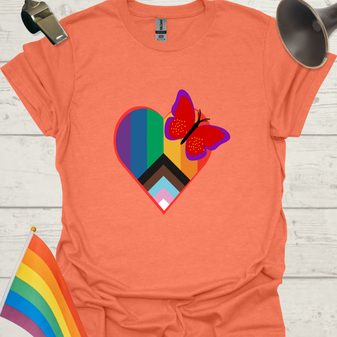LGBTQ Pride Butterfly Progress Flag Colors Heart T-Shirt