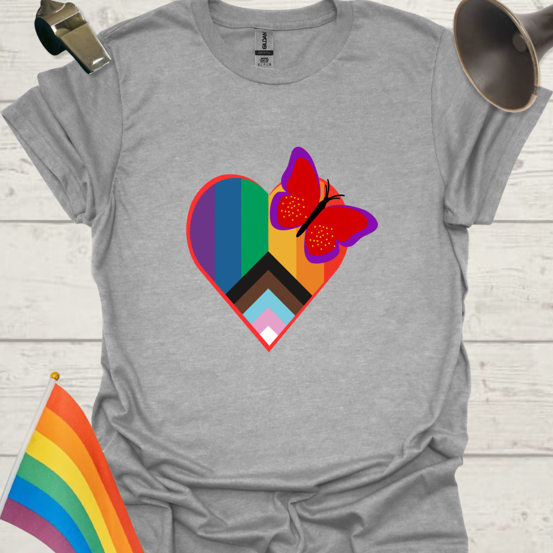LGBTQ Pride Butterfly Progress Flag Colors Heart T-Shirt